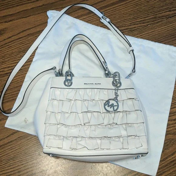 Michael Kors Cynthia Ruffled Leather Small Satchel White - Picture 4 of 16